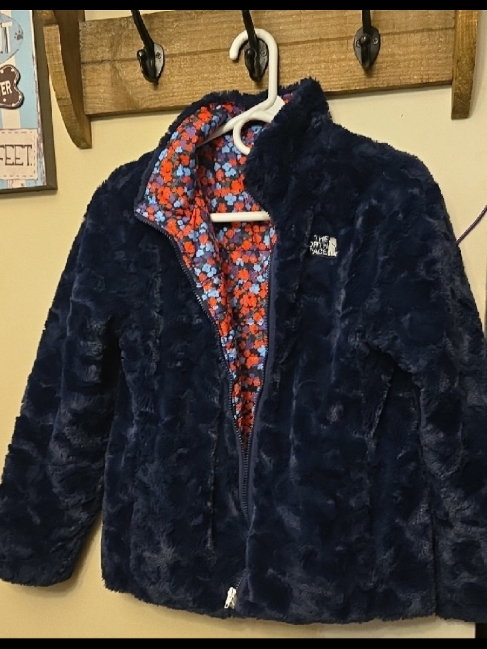 The North Face Women's Navy Plush Teddy Jacket with Floral Lining